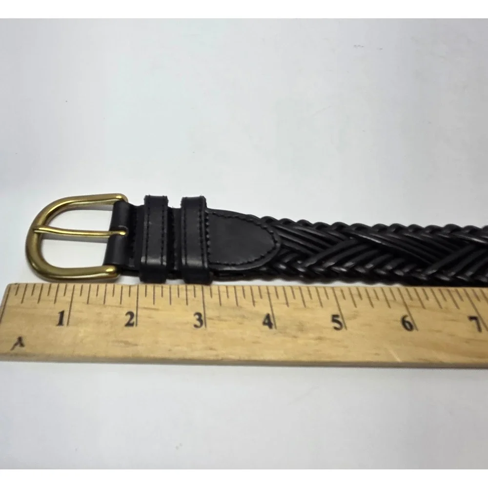 VTG Fossil Braided Leather Belt Medium Black Solid Brass Buckle 90s Classic Prep